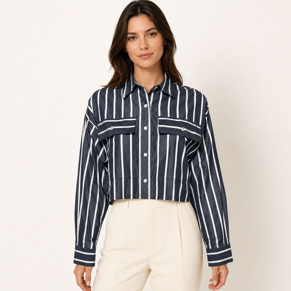 Arlo Mott Hester Boxy Crop Button Down Shirt XS Navy Stripe Cotton NWT
